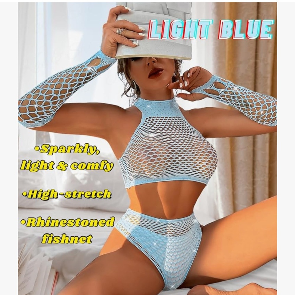 pastel rainbow rhinestone fishnet rave bikini outfit set top bottoms gloves sexy